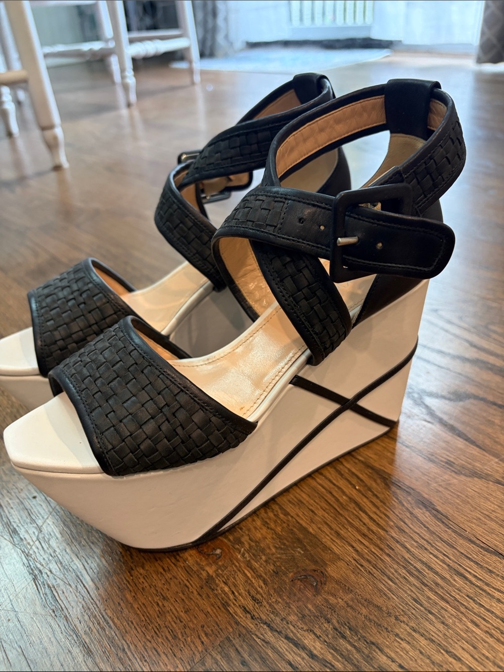 Calvin Klein Black Woven Strap White Platform Wedge Sandals